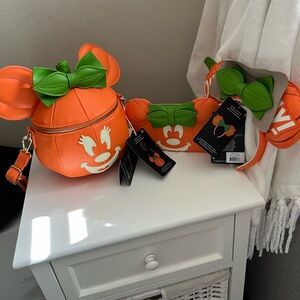 NWT Loungefly Disney Minnie Oh My! Ears, Pumpkin Loungefly, and Pumpkin Wallet